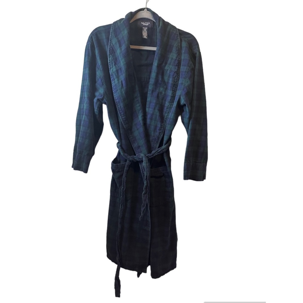 Nautica Sleepwear Mens L XL Blue Plaid Flannel Robe Pockets Belt 100% Cotton USA